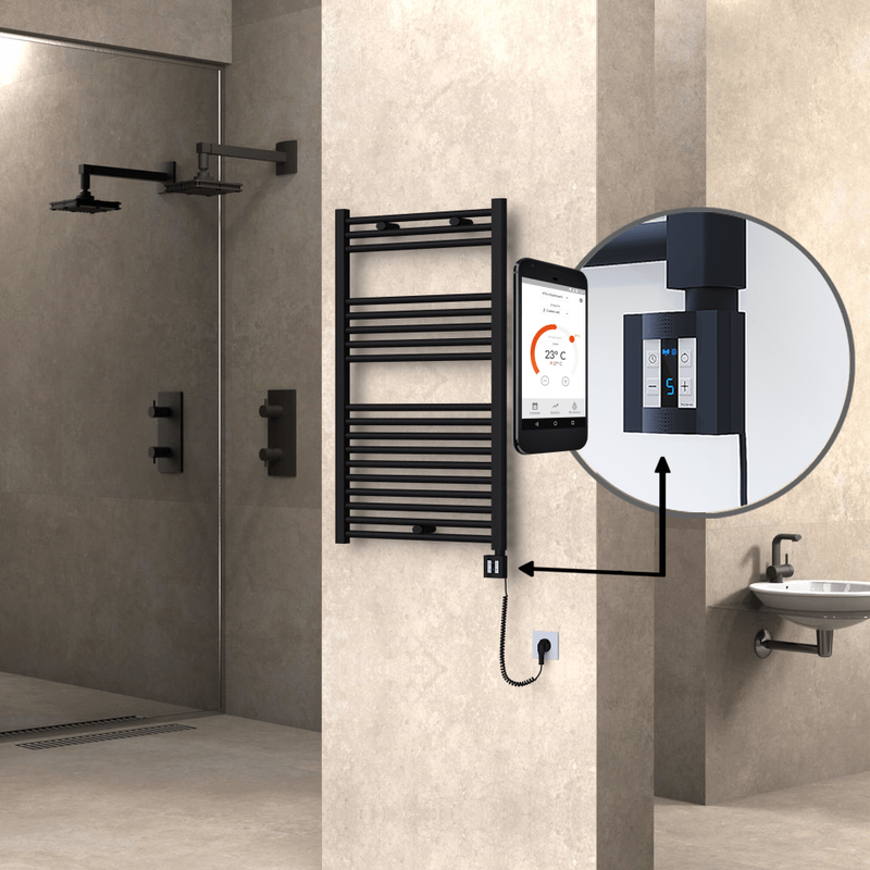 Haiti Electric Towel Warmer 600x1000 Flat Black Matt (KTX4 Thermostat) 600 Watt Spiral Cable