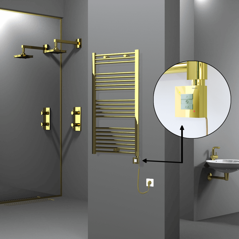 Haiti Electric Towel Warmer 600x1100 Flat Gold  (KTX1 Thermostat) 300 Watt Spiral Cable