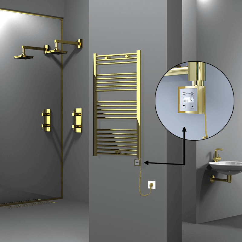 Haiti Electric Towel Warmer 600x1100 Flat Gold  (KTX3 Thermostat) 300 Watt Spiral Cable
