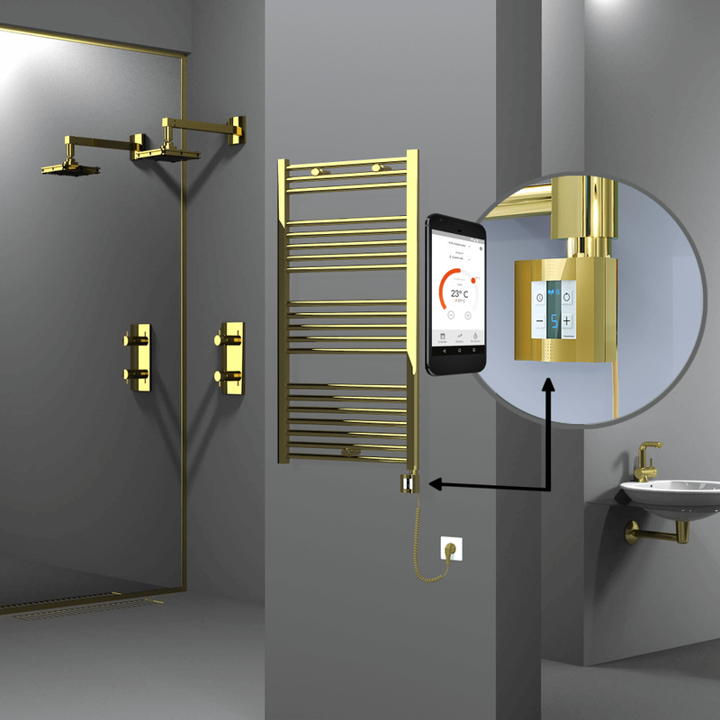 Haiti Electric Towel Warmer 600x1100 Flat Gold  (KTX4 Thermostat) 300 Watt Spiral Cable