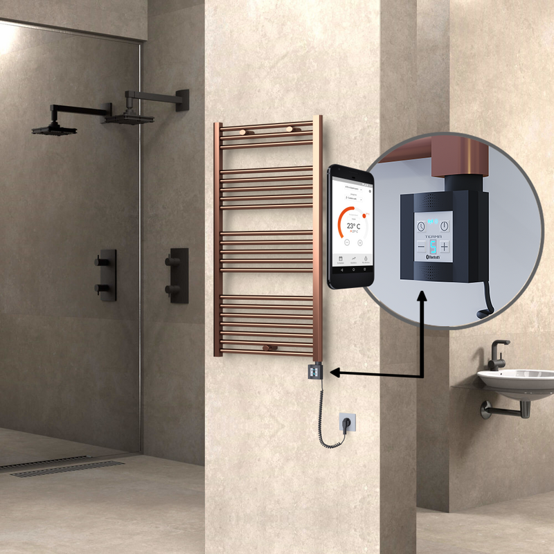 Haiti Electric Towel Warmer 600x1100 Flat Antique Copper Gloss (KTX4 Thermostat) 300 Watt Spiral Cable