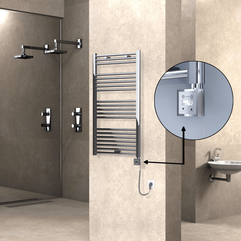 Haiti Electric Towel Warmer 600x1100 Flat Chrome  (KTX3 Thermostat) 300 Watt Spiral Cable