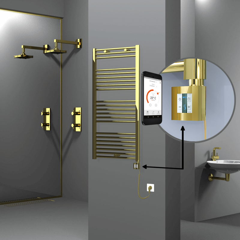 Haiti Electric Towel Warmer 600x1200 Flat Gold (KTX4 Thermostat) 300 Watt Spiral Cable