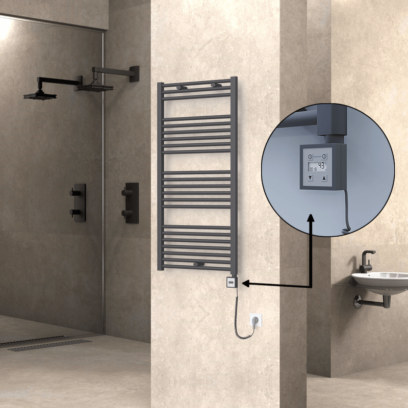 Haiti Electric Towel Warmer 600x1200 Flat Anthracite Textured (KTX3 Thermostat) 600 Watt Spiral Cable