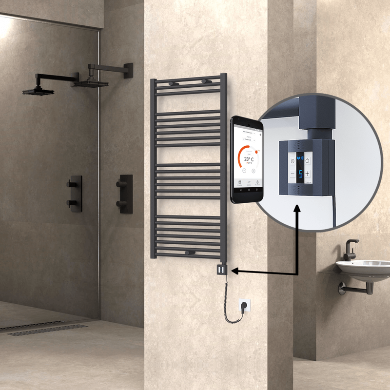 Haiti Electric Towel Warmer 600x1200 Flat Anthracite Textured (KTX4 Thermostat) 600 Watt Spiral Cable