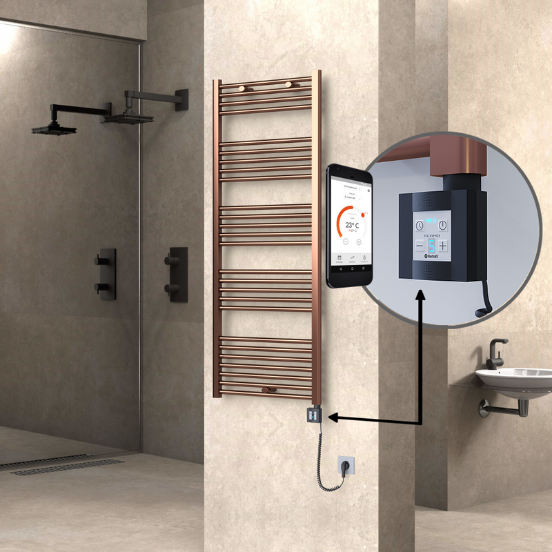 Haiti Electric Towel Warmer 600x1500 Flat Antique Copper Gloss (KTX4 Thermostat) 600 Watt Spiral Cable