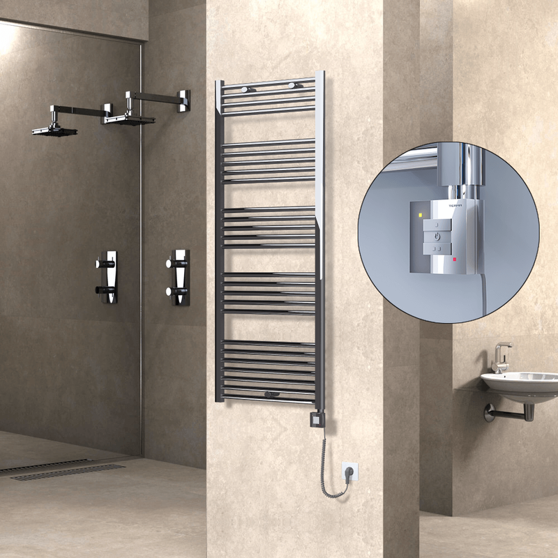 Haiti Electric Towel Warmer 600x1500 Flat Chrome  (KTX1 Thermostat) 600 Watt Spiral Cable