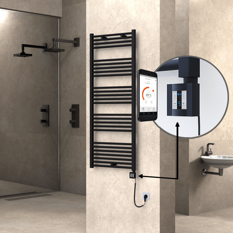 Haiti Electric Towel Warmer 600x1500 Flat Black Matt (KTX4 Thermostat) 1000 Watt Spiral Cable