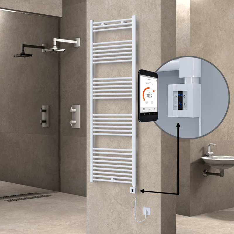 Haiti Electric Towel Warmer 600x1800 Flat White Gloss (KTX4 Thermostat) 1000 Watt Spiral Cable