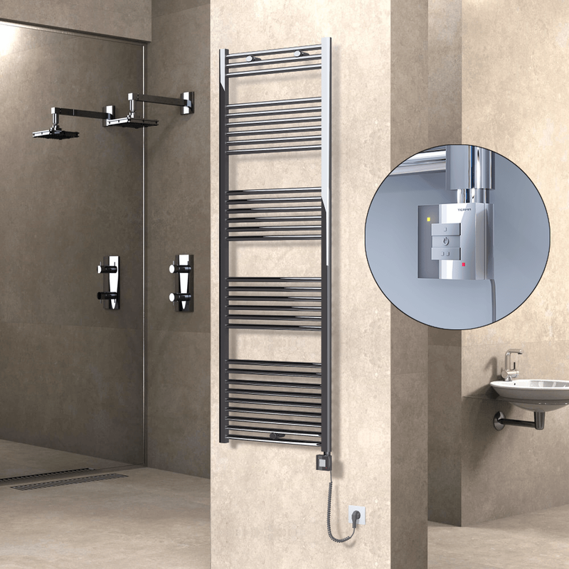 Haiti Electric Towel Warmer 600x1800 Flat Chrome (KTX1 Thermostat) 600 Watt Spiral Cable