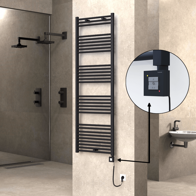 Haiti Electric Towel Warmer 600x1800 Flat Black Matt (KTX1 Thermostat) 1000 Watt Spiral Cable