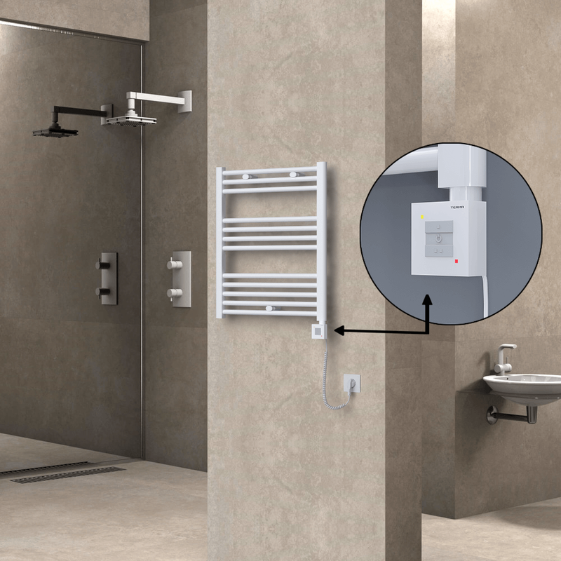 Haiti Electric Towel Warmer 600x700 Flat White Gloss (KTX1 Thermostat) 300 Watt Spiral Cable
