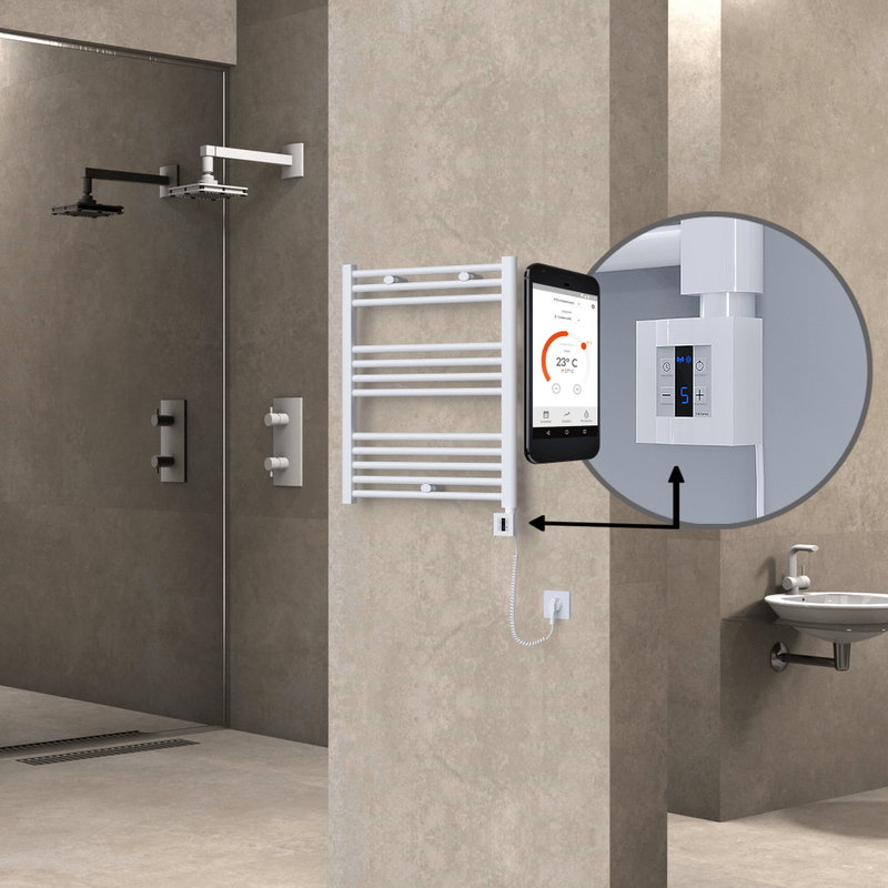 Haiti Electric Towel Warmer 600x700 Flat White Gloss (KTX4 Thermostat) 300 Watt Spiral Cable