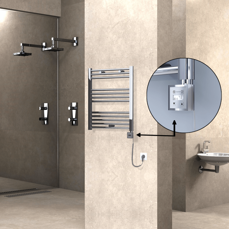 Haiti Electric Towel Warmer 600x700 Flat Chrome (KTX3 Thermostat) 200 Watt Spiral Cable
