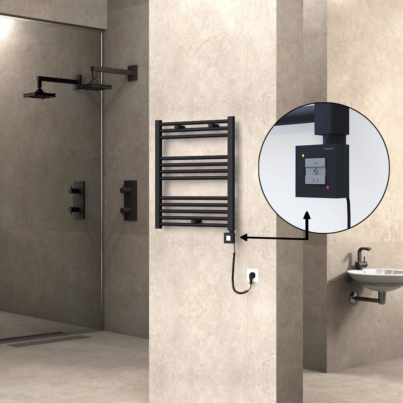 Haiti Electric Towel Warmer 600x700 Flat Black Matt (KTX1 Thermostat) 300 Watt Spiral Cable