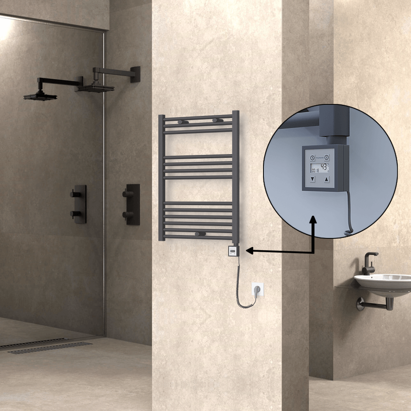 Haiti Electric Towel Warmer 600x800 Flat Anthracite Textured (KTX3 Thermostat) 300 Watt Spiral Cable