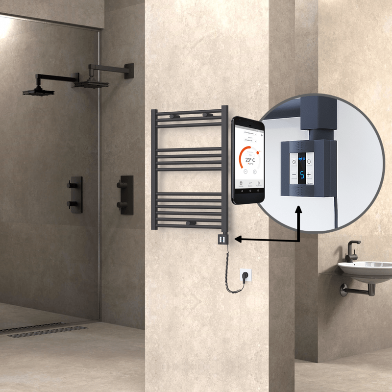 Haiti Electric Towel Warmer 600x800 Flat Anthracite Textured (KTX4 Thermostat) 300 Watt Spiral Cable