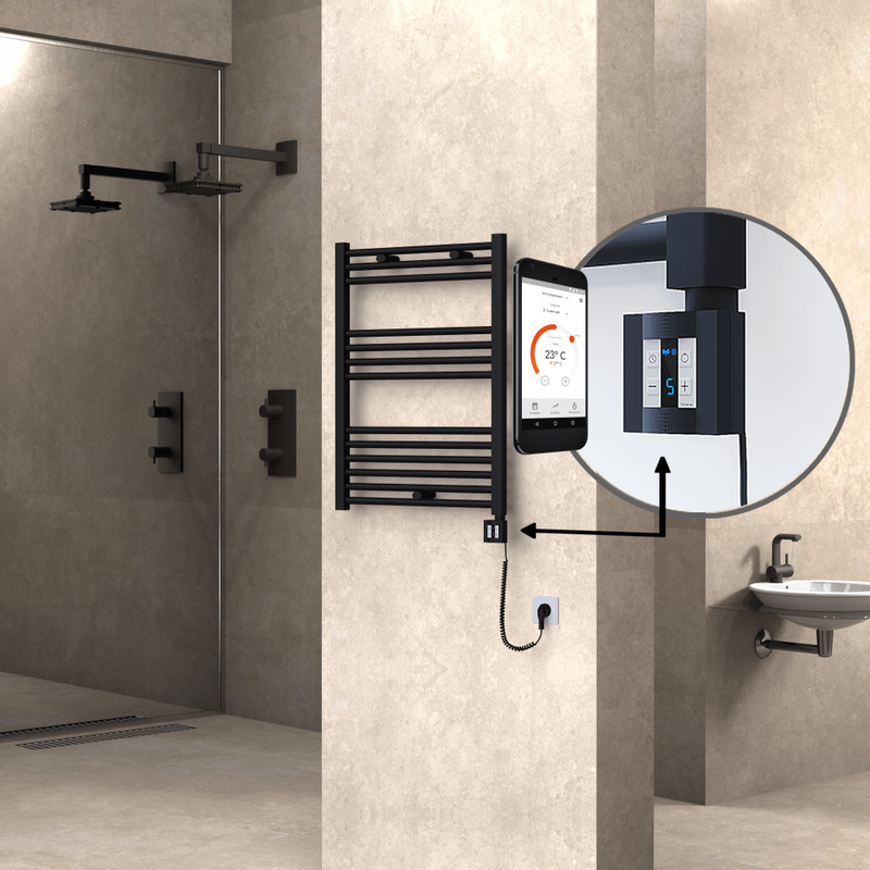 Haiti Electric Towel Warmer 600x800 Flat Black Matt (KTX4 Thermostat) 300 Watt Spiral Cable