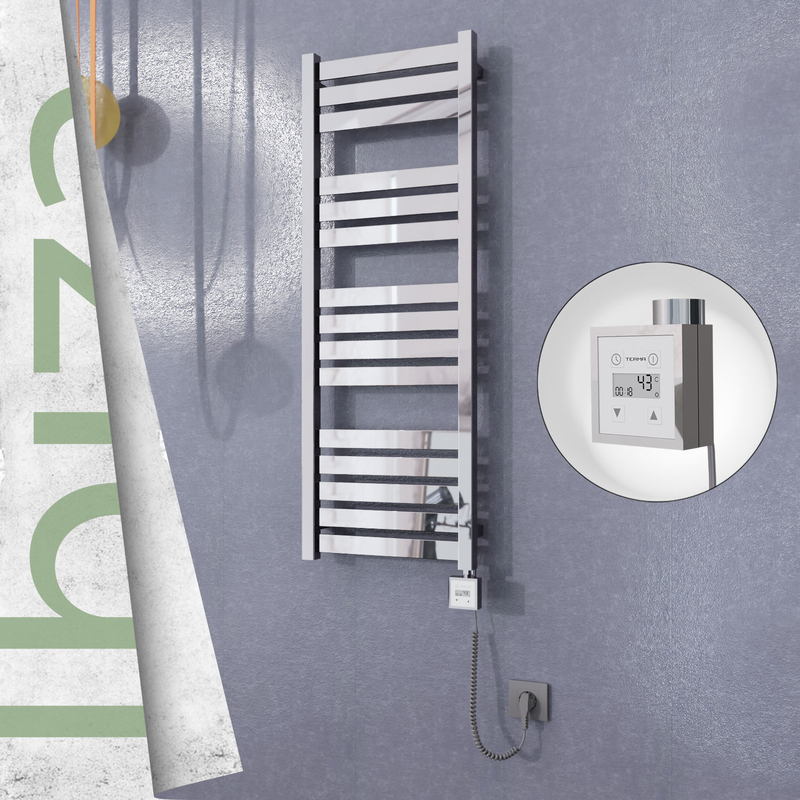 Ibiza Sèche-serviettes Électrique en Inox 400x1165 Poli Miroir (KTX3 Thermostat) 300W Câble Spiralé 