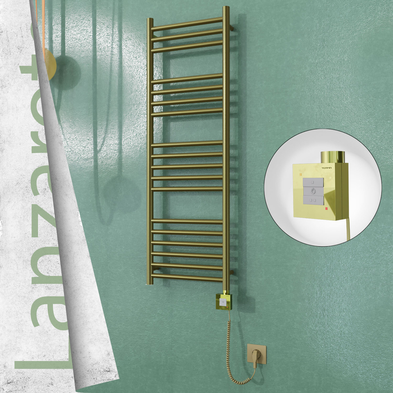 Lanzarote Electric Stainless Steel Towel Rail 400x1200 Satin Gold (KTX1 Thermostat) 300W Spiral Cable