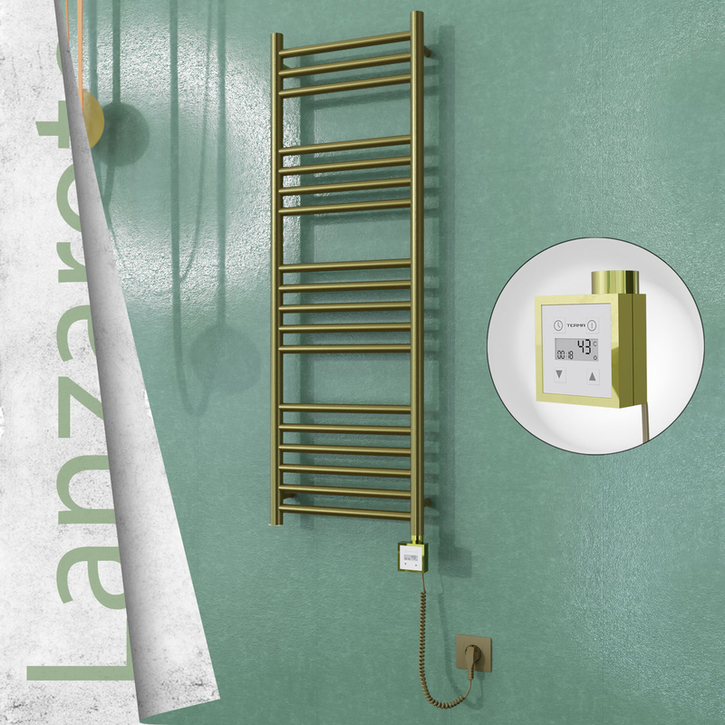 Lanzarote Electric Stainless Steel Towel Rail 400x1200 Satin Gold (KTX3 Thermostat) 300W Spiral Cable