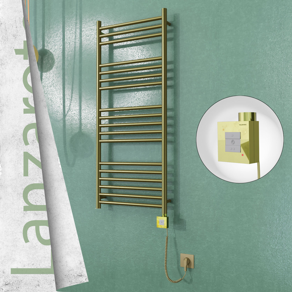 Lanzarote Electric Stainless Steel Towel Rail 500x1200 Satin Gold (KTX1 Thermostat) 300W Spiral Cable - 1