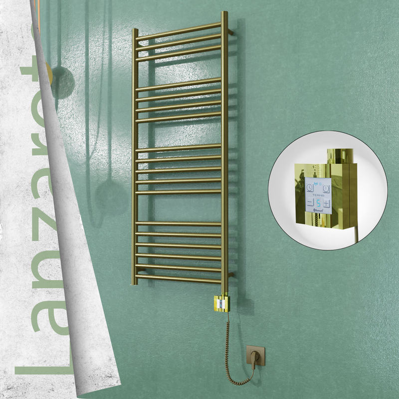 Lanzarote Electric Stainless Steel Towel Rail 500x1200 Satin Gold (KTX4 Thermostat) 300W Spiral Cable