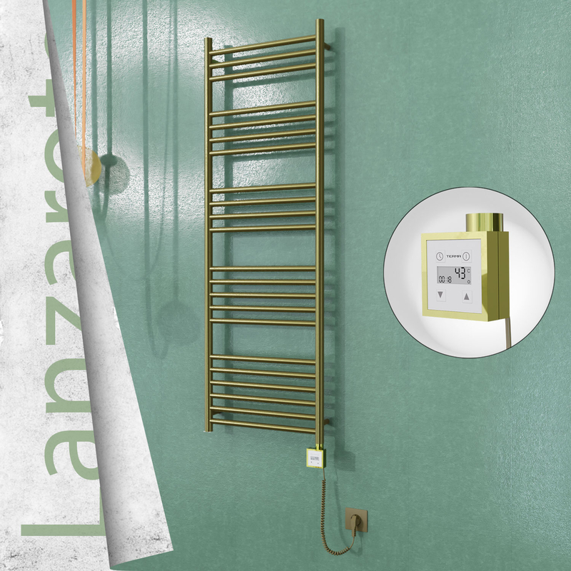 Lanzarote Electric Stainless Steel Towel Rail 500x1500 Satin Gold (KTX3 Thermostat) 300W Spiral Cable 