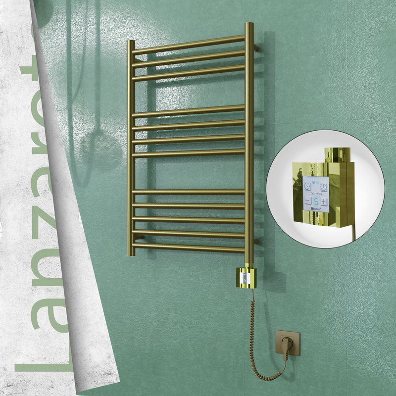 Lanzarote Electric Stainless Steel Towel Rail 500x800 Satin Gold (KTX4 Thermostat) 200W Spiral Cable