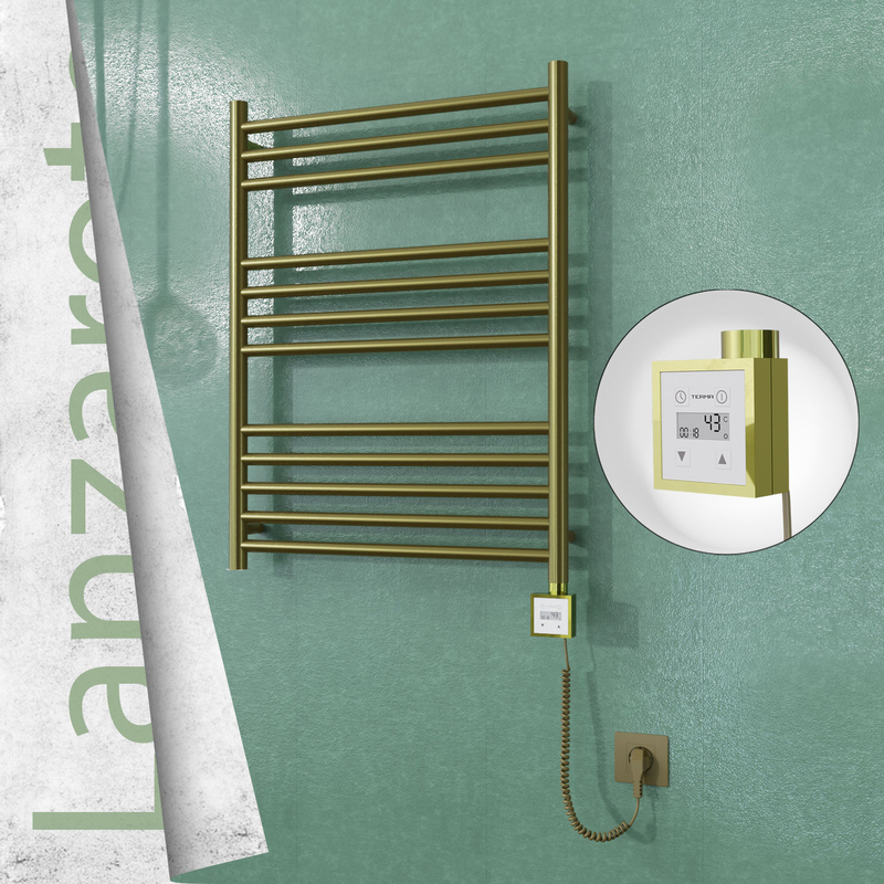 Lanzarote Electric Stainless Steel Towel Rail 600x800 Satin Gold (KTX3 Thermostat) 200W Spiral Cable