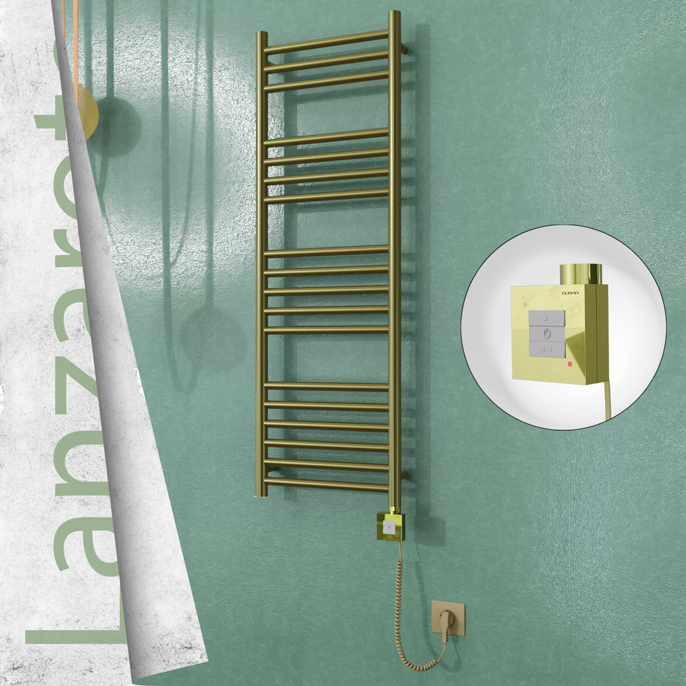 Lanzarote Sèche-serviettes Électrique en Inox 400x1200 Doré Satiné (KTX1 Thermostat) 300W Câble Spiralé - 1