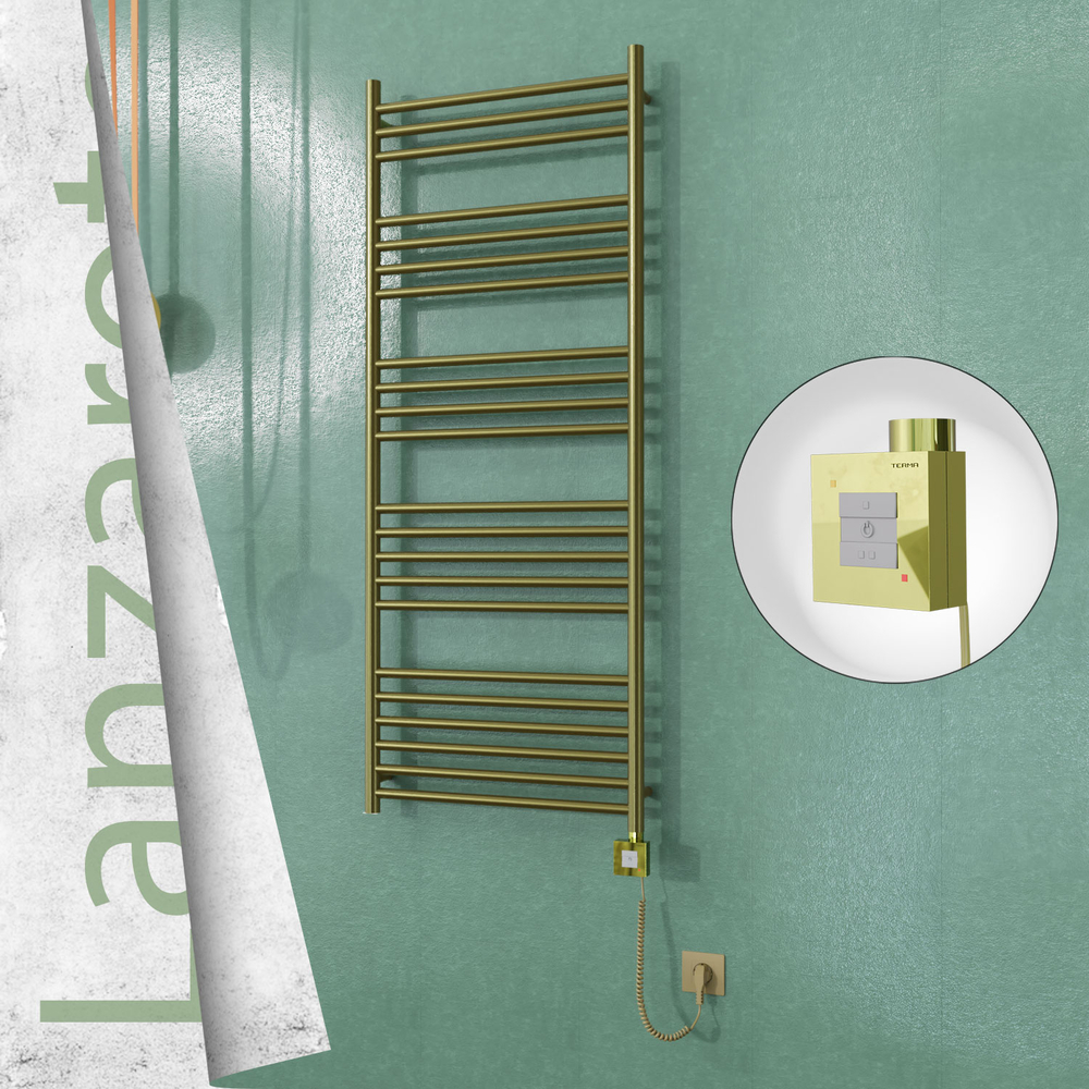 Lanzarote Sèche-serviettes Électrique en Inox 600x1500 Doré Satiné (KTX1 Thermostat) 600W Câble Spiralé - 1