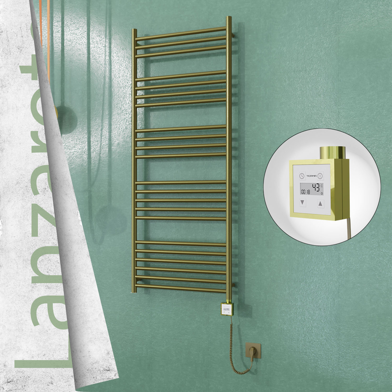 Lanzarote Sèche-serviettes Électrique en Inox 600x1500 Doré Satiné (KTX3 Thermostat) 600W Câble Spiralé