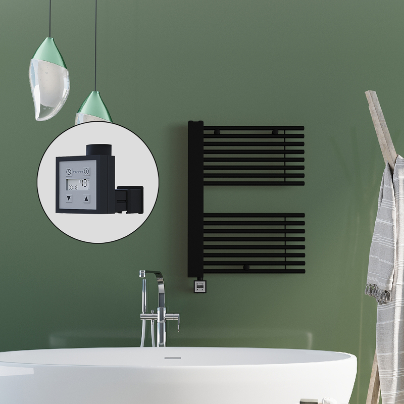 Male Electric Towel Warmer 600x800 Matte Black Ktx3 300 W (Spiral Cable)