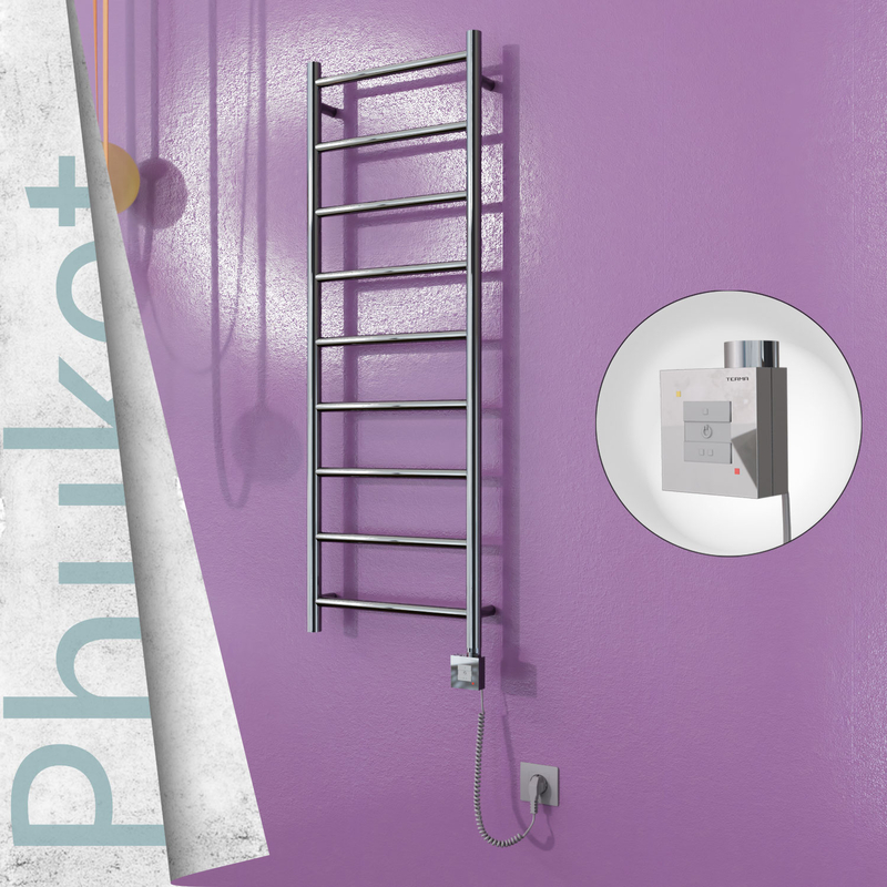 Phuket Electric Stainless Steel Towel Rail 400x1200 Mirror Polished (KTX1 Thermostat) 200W Spiral Cable 