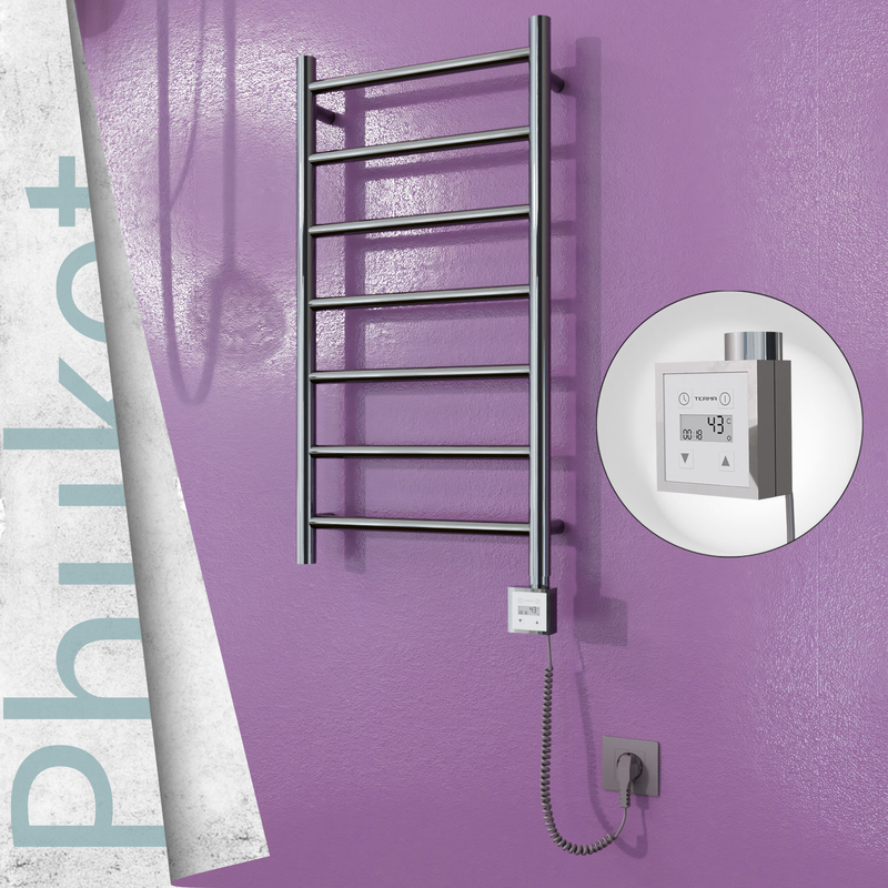 Phuket Electric Stainless Steel Towel Rail 400x800 Mirror Polished (KTX3 Thermostat) 200W Spiral Cable 