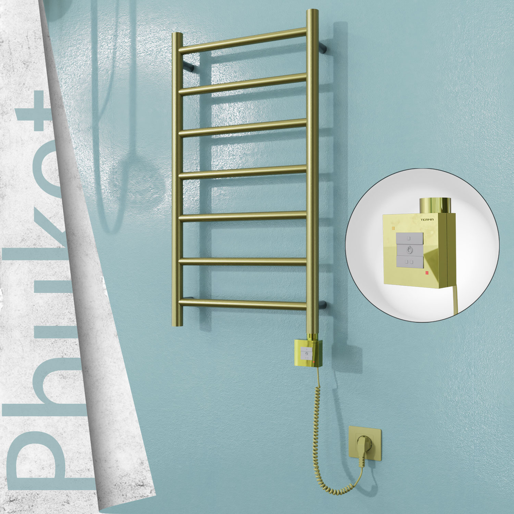 Phuket Electric Stainless Steel Towel Rail 400x800 Satin Gold (KTX1 Thermostat) 200W Spiral Cable - 1