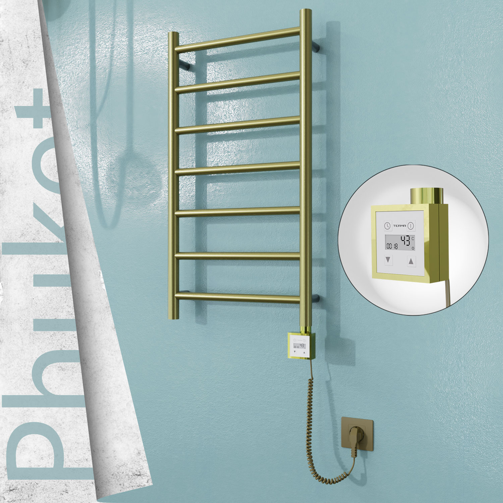 Phuket Electric Stainless Steel Towel Rail 400x800 Satin Gold (KTX3 Thermostat) 200W Spiral Cable - 1