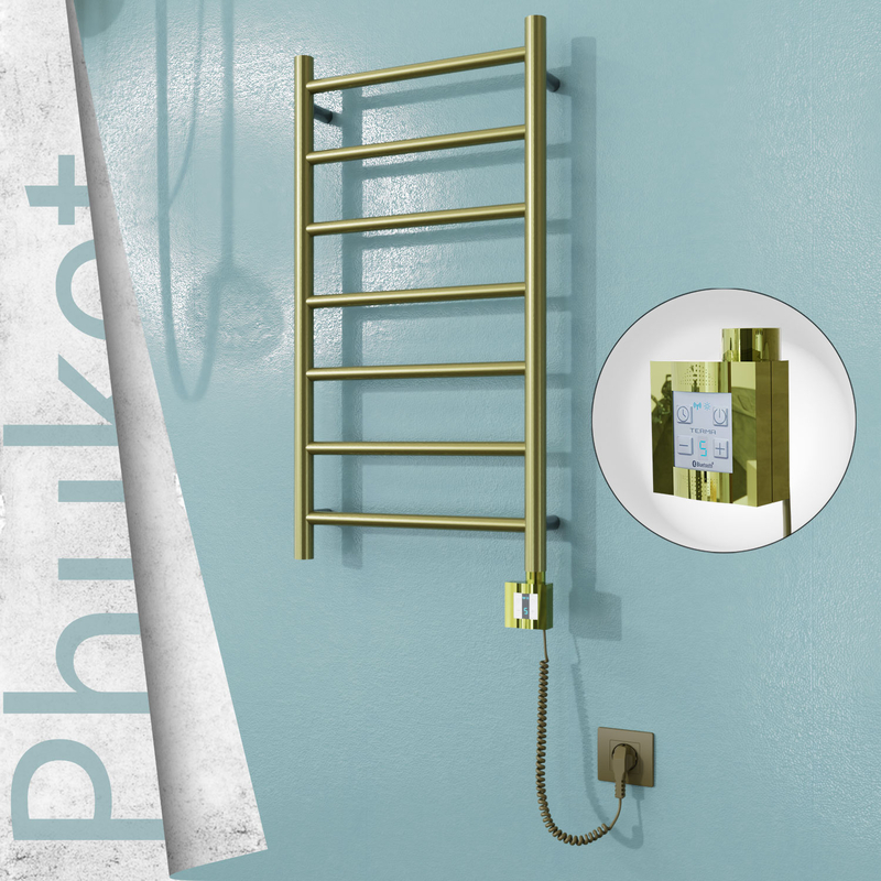 Phuket Electric Stainless Steel Towel Rail 400x800 Satin Gold (KTX4 Thermostat) 200W Spiral Cable 