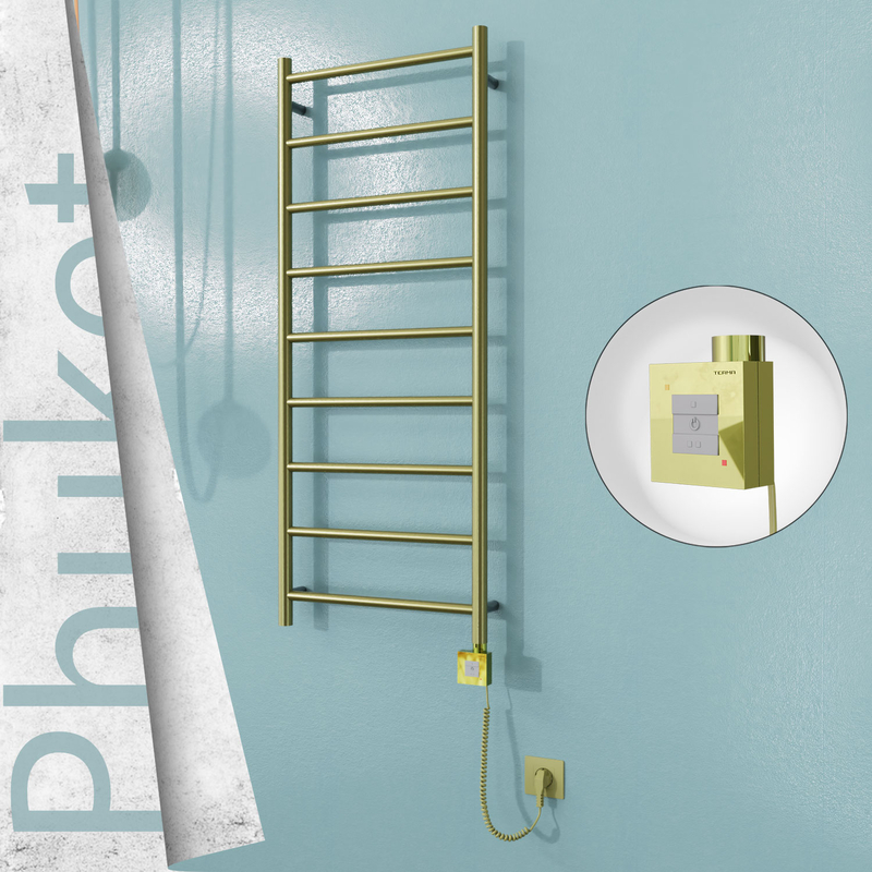Phuket Electric Stainless Steel Towel Rail 500x1200 Satin Gold (KTX1 Thermostat) 200W Spiral Cable 