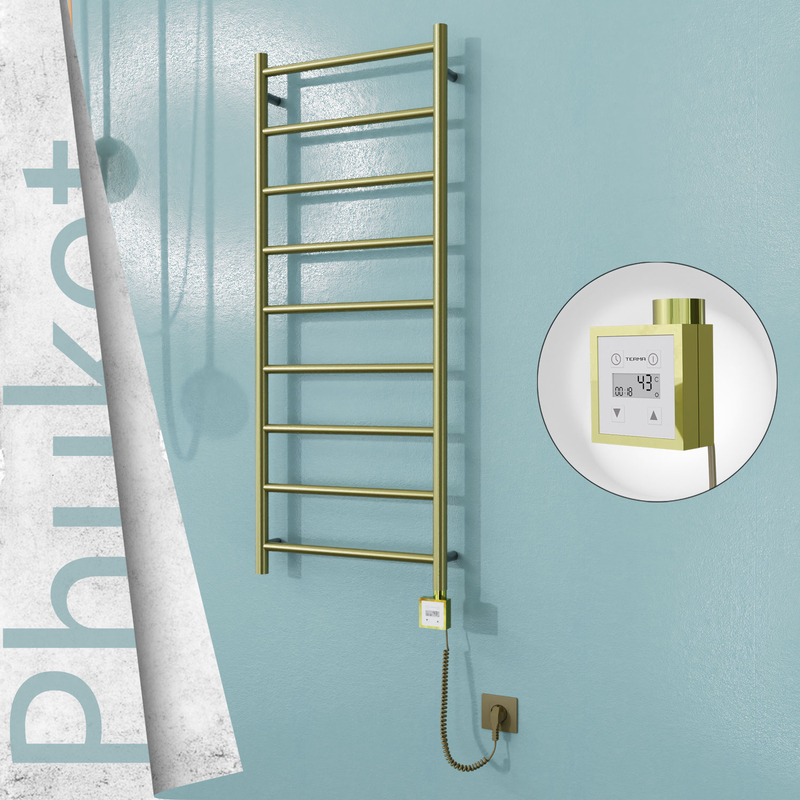Phuket Electric Stainless Steel Towel Rail 500x1200 Satin Gold (KTX3 Thermostat) 200W Spiral Cable 