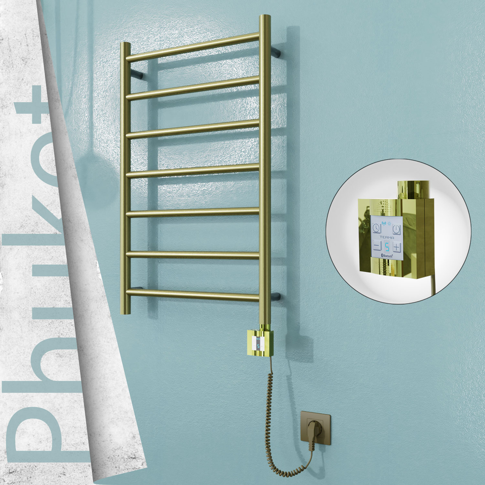 Phuket Electric Stainless Steel Towel Rail 500x800 Satin Gold (KTX4 Thermostat) 200W Spiral Cable - 1
