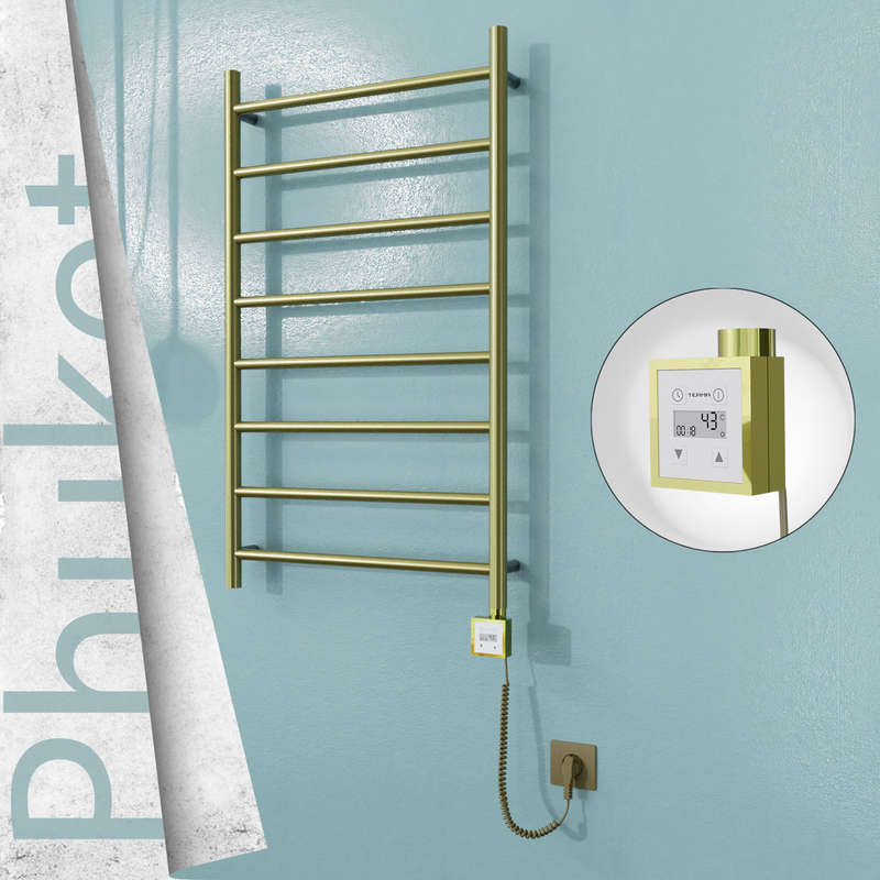 Phuket Electric Stainless Steel Towel Rail 600x1000 Satin Gold (KTX3 Thermostat) 200W Spiral Cable