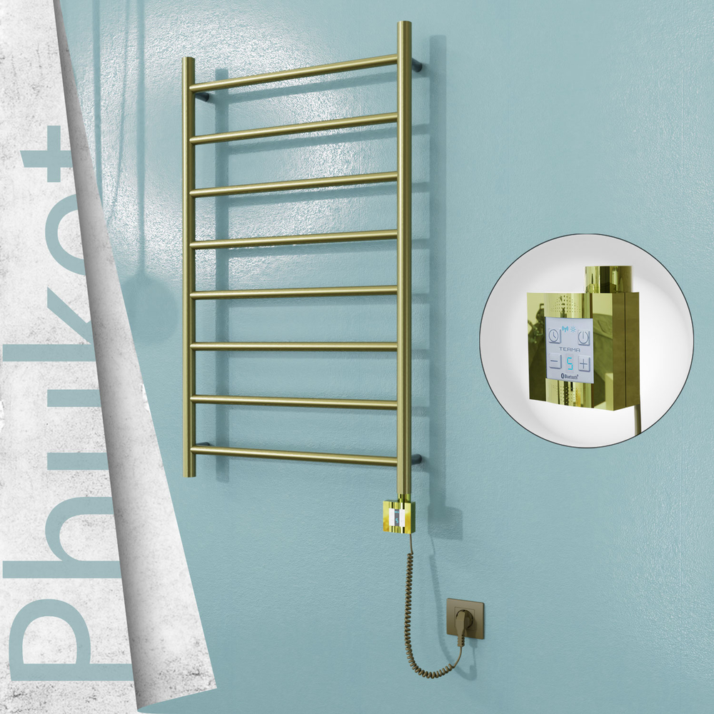Phuket Electric Stainless Steel Towel Rail 600x1000 Satin Gold (KTX4 Thermostat) 200W Spiral Cable - 1