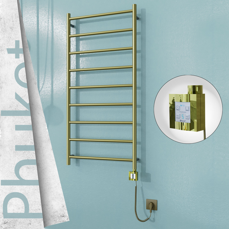 Phuket Electric Stainless Steel Towel Rail 600x1200 Satin Gold (KTX4 Thermostat) 300W Spiral Cable