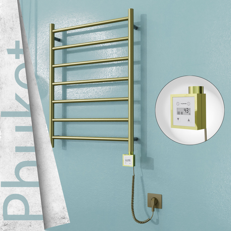 Phuket Electric Stainless Steel Towel Rail 600x800 Satin Gold (KTX3 Thermostat) 200W Spiral Cable