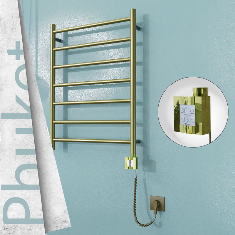Phuket Electric Stainless Steel Towel Rail 600x800 Satin Gold (KTX4 Thermostat) 200W Spiral Cable 