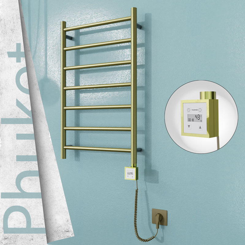 Phuket Elektrikli Paslanmaz Çelik Havlupan 500x800 Satine Altın (KTX3 Termostat) 200W Spiral Kablolu