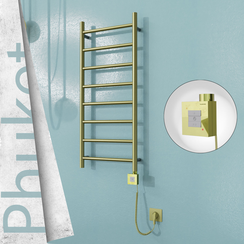 Phuket Sèche-serviettes Électrique en Inox 400x1000 Doré Satiné (KTX1 Thermostat) 200W Câble Spiralé 