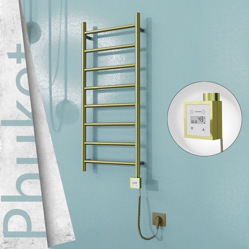 Phuket Sèche-serviettes Électrique en Inox 400x1000 Doré Satiné (KTX3 Thermostat) 200W Câble Spiralé 